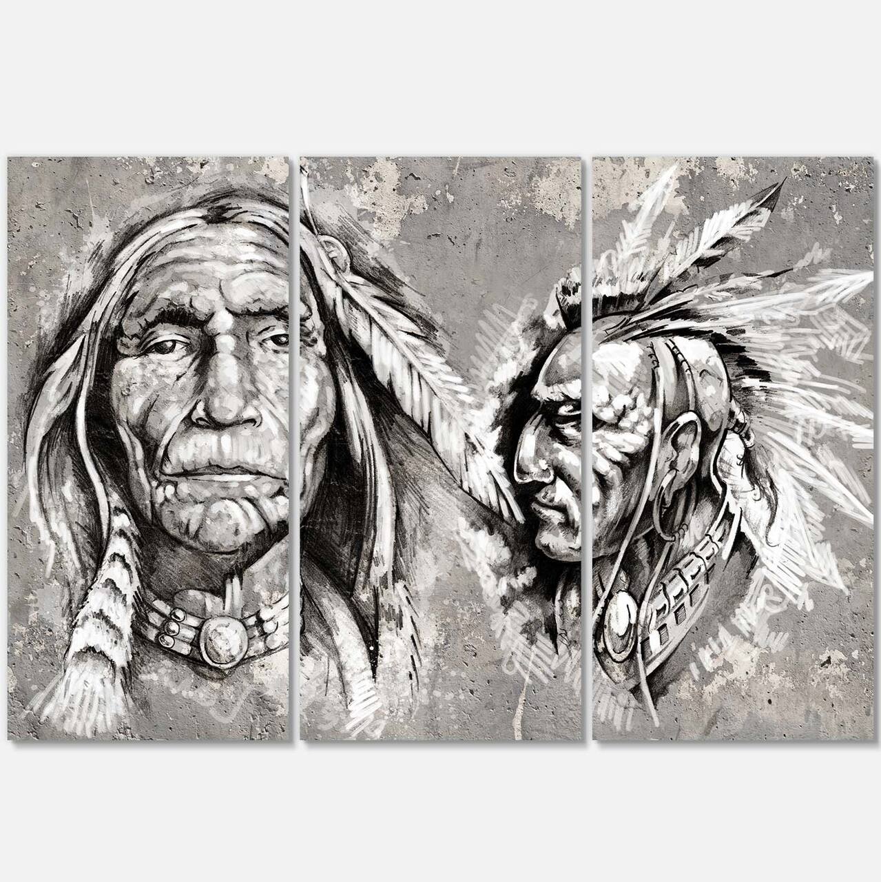 Designart - Native American Indian Heads - Abstract Portrait Canvas Print